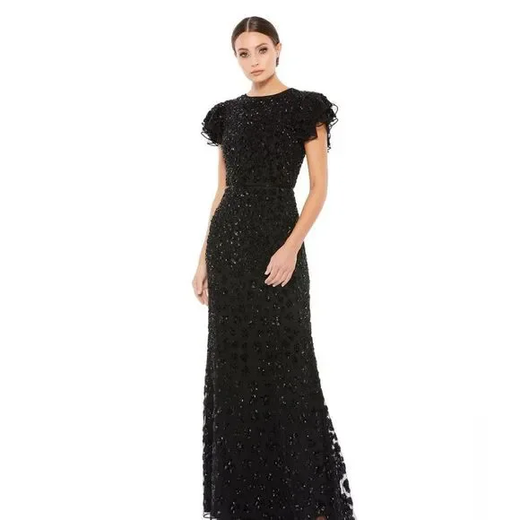 mac duggal flutter sleeve formal appliqué maxi dress Embroidered Applique Wrap Over Flutter Sleeve Gown main image 1